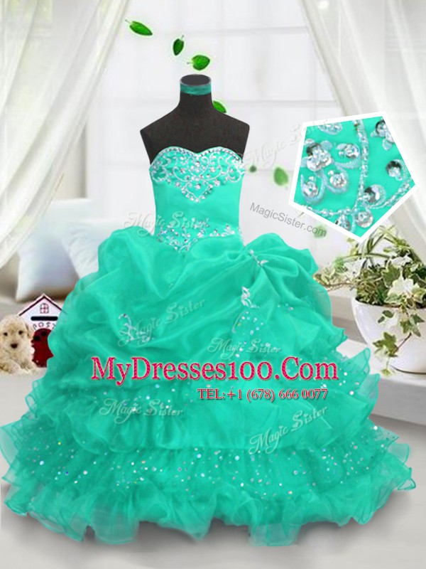 Organza Sweetheart Sleeveless Lace Up Beading and Ruffled Layers and Pick Ups Flower Girl Dress in Turquoise
