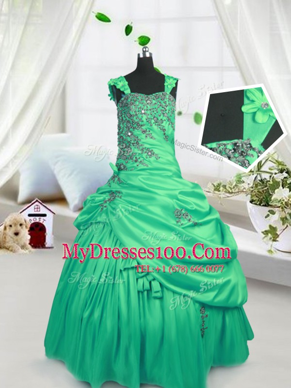 Perfect Satin Straps Sleeveless Lace Up Beading and Pick Ups Child Pageant Dress in Green