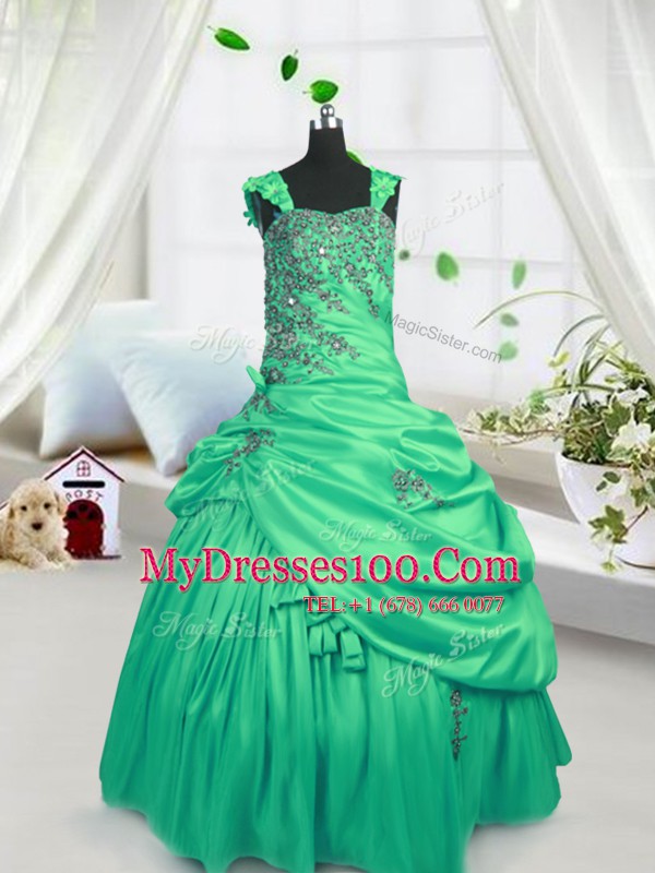 Perfect Satin Straps Sleeveless Lace Up Beading and Pick Ups Child Pageant Dress in Green