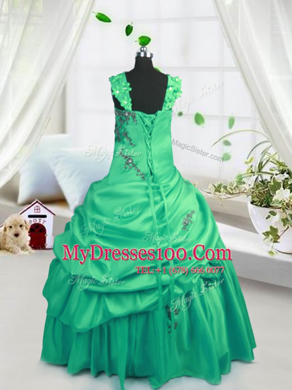 Perfect Satin Straps Sleeveless Lace Up Beading and Pick Ups Child Pageant Dress in Green