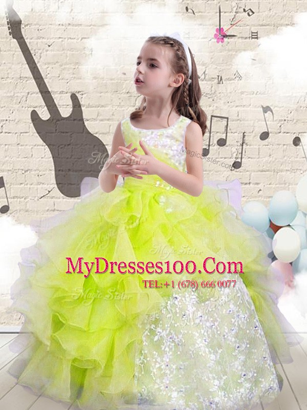 Scoop Floor Length Yellow Green Flower Girl Dress Organza Sleeveless Beading and Ruffles