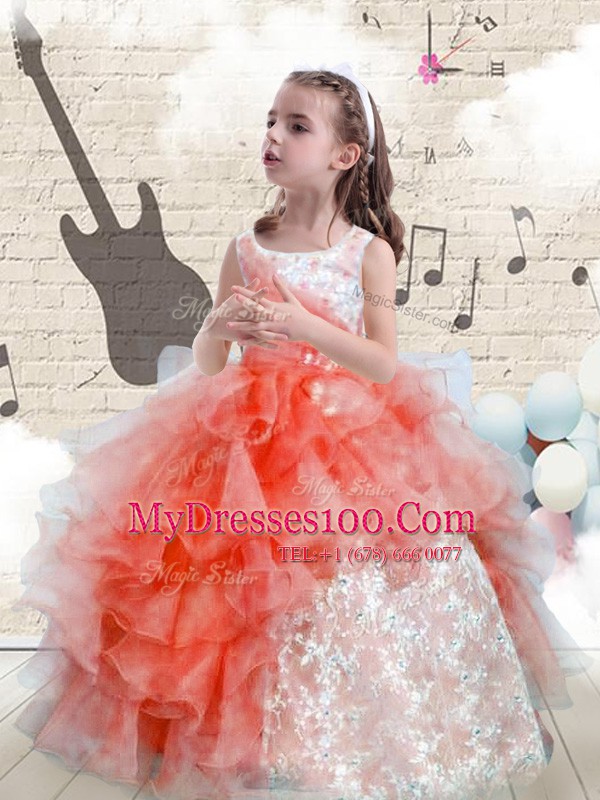 Dazzling Scoop Beading and Ruffles Little Girl Pageant Gowns Watermelon Red Lace Up Sleeveless Floor Length