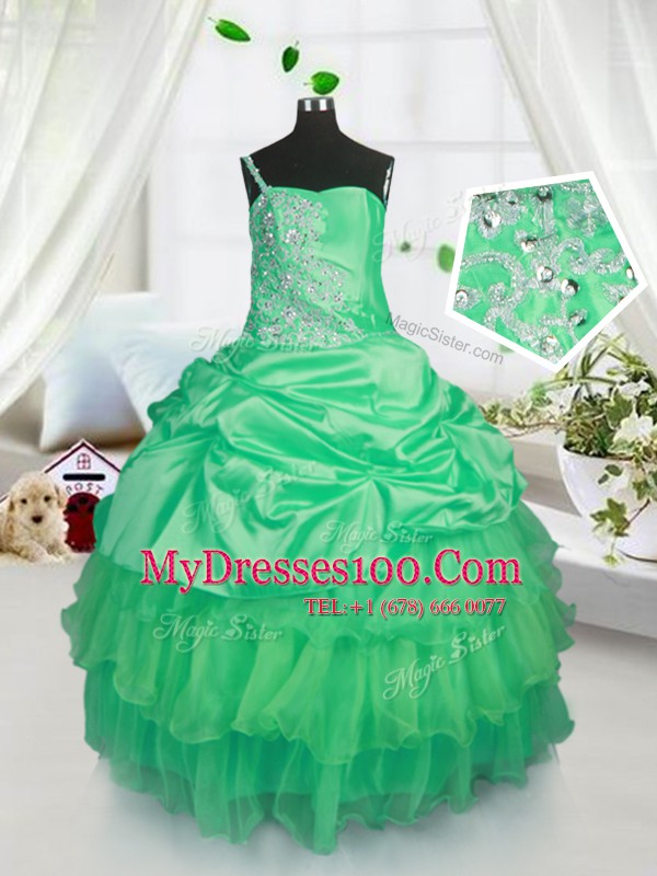 Fashionable Strapless Sleeveless Kids Formal Wear Floor Length Beading and Ruffled Layers and Pick Ups Apple Green Satin and Tulle