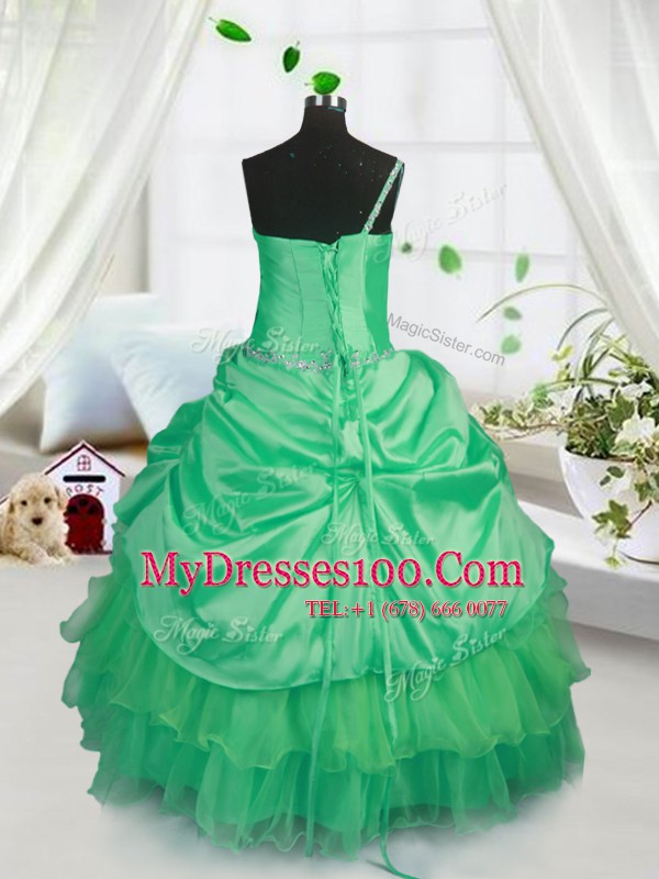 Fashionable Strapless Sleeveless Kids Formal Wear Floor Length Beading and Ruffled Layers and Pick Ups Apple Green Satin and Tulle