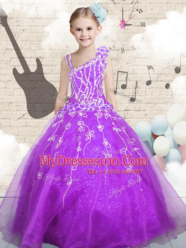 Nice Asymmetric Sleeveless Girls Pageant Dresses Floor Length Beading and Appliques and Hand Made Flower Purple Organza