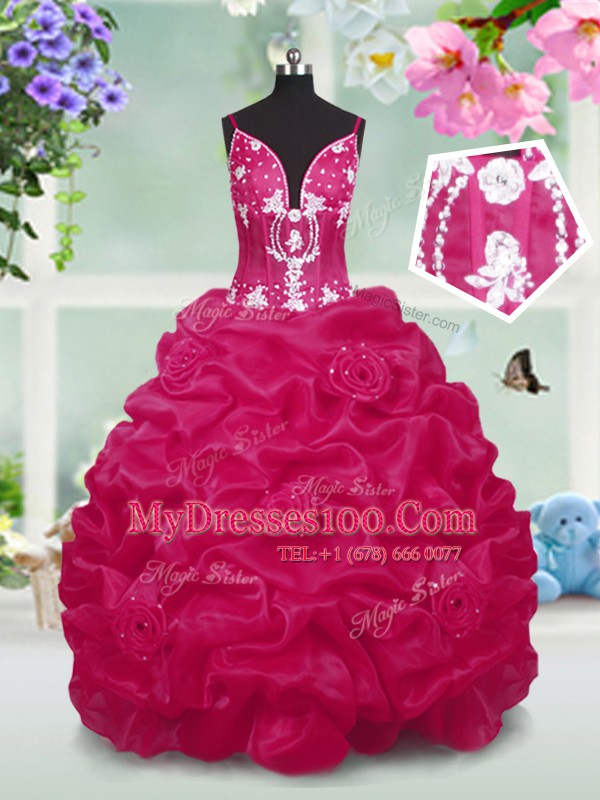 New Arrival Sleeveless Taffeta Floor Length Lace Up Flower Girl Dress in Red with Beading and Pick Ups