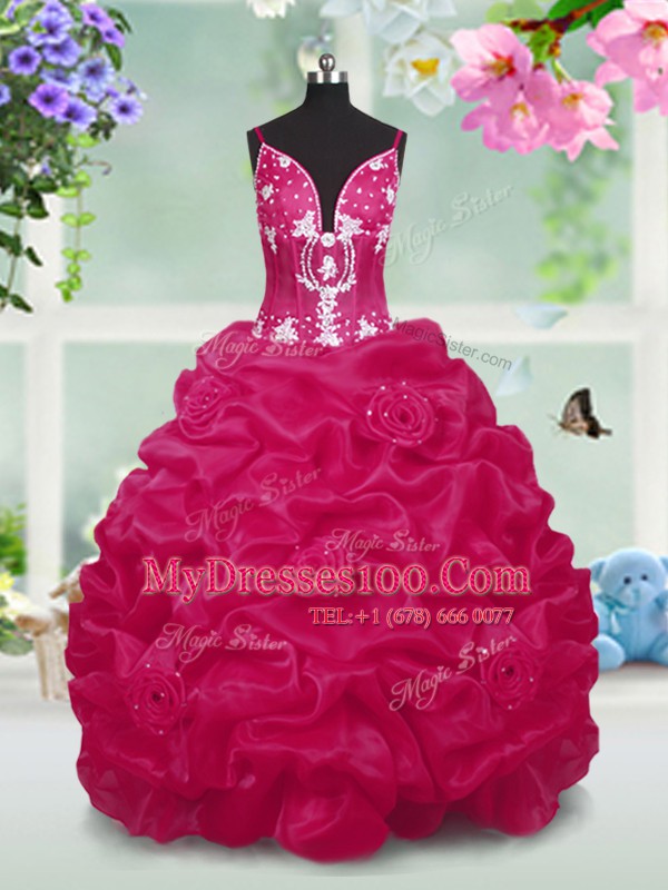 New Arrival Sleeveless Taffeta Floor Length Lace Up Flower Girl Dress in Red with Beading and Pick Ups