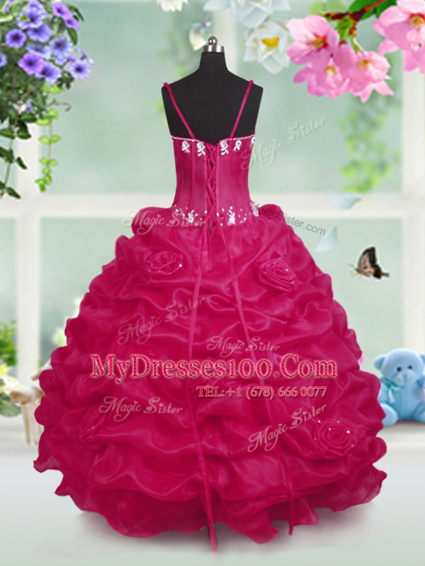 New Arrival Sleeveless Taffeta Floor Length Lace Up Flower Girl Dress in Red with Beading and Pick Ups