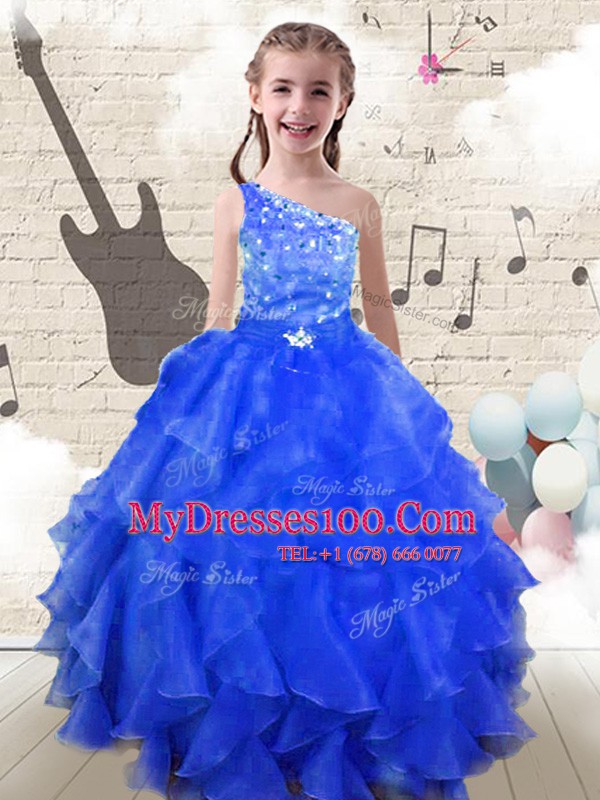 Sweet One Shoulder Floor Length Lace Up Toddler Flower Girl Dress Royal Blue for Party and Wedding Party with Beading and Ruffles