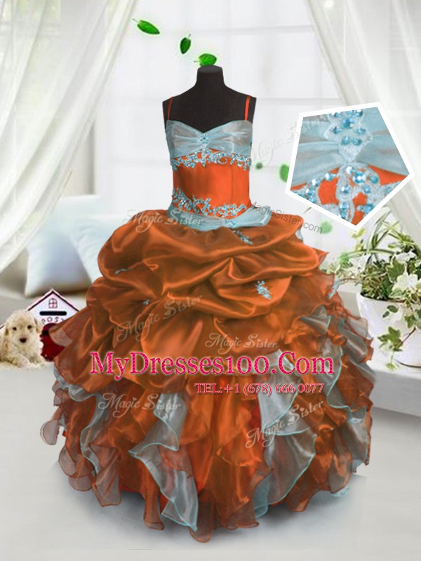 Decent Rust Red Sleeveless Floor Length Beading and Ruffles and Pick Ups Lace Up Little Girl Pageant Gowns