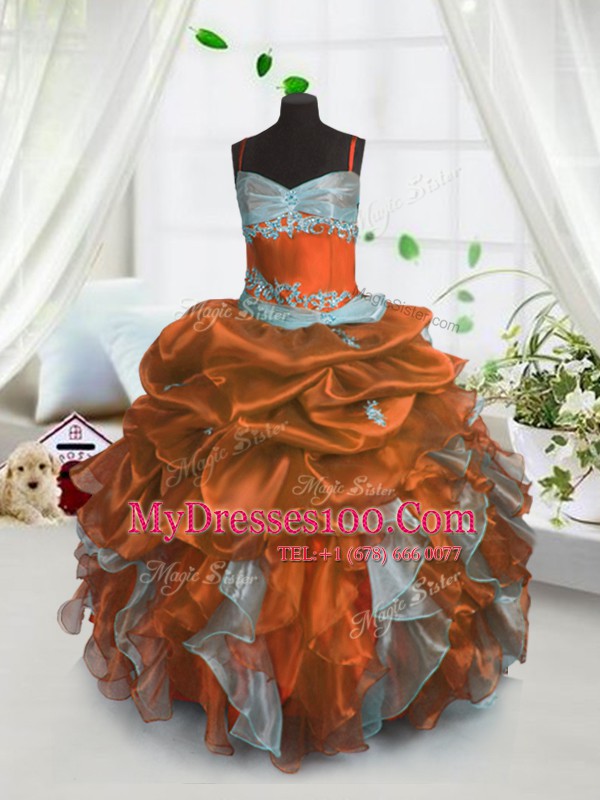 Decent Rust Red Sleeveless Floor Length Beading and Ruffles and Pick Ups Lace Up Little Girl Pageant Gowns