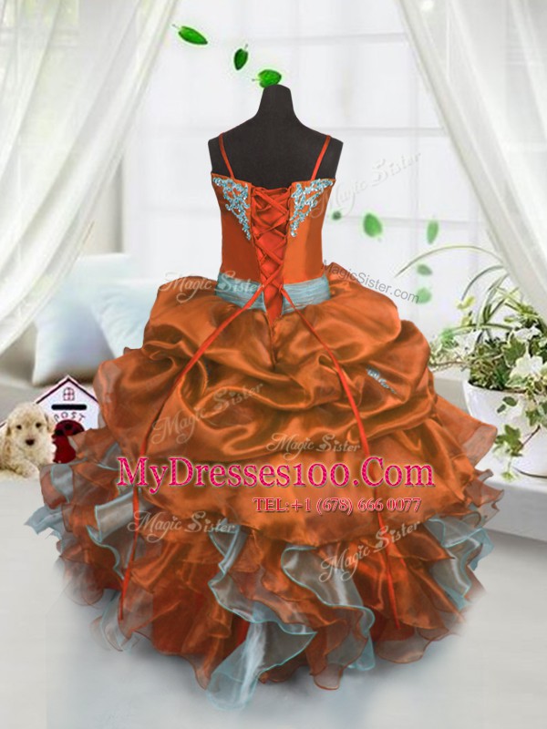 Decent Rust Red Sleeveless Floor Length Beading and Ruffles and Pick Ups Lace Up Little Girl Pageant Gowns