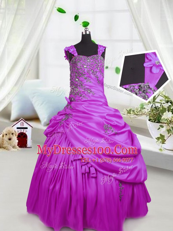 Adorable Fuchsia Satin Lace Up Little Girls Pageant Gowns Sleeveless Floor Length Beading and Pick Ups