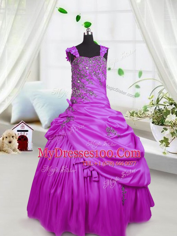 Adorable Fuchsia Satin Lace Up Little Girls Pageant Gowns Sleeveless Floor Length Beading and Pick Ups