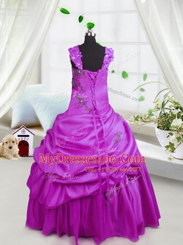 Adorable Fuchsia Satin Lace Up Little Girls Pageant Gowns Sleeveless Floor Length Beading and Pick Ups