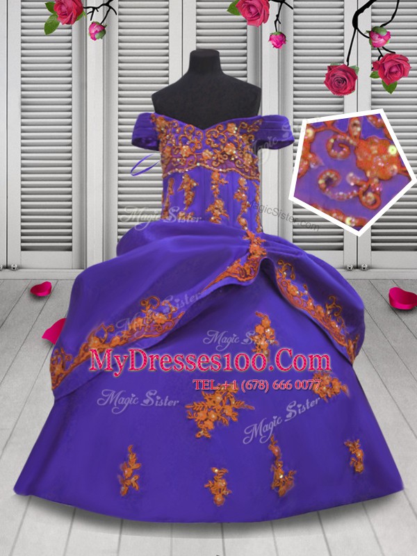 Suitable Purple Satin Lace Up Off The Shoulder Sleeveless Floor Length Flower Girl Dresses for Less Beading and Appliques
