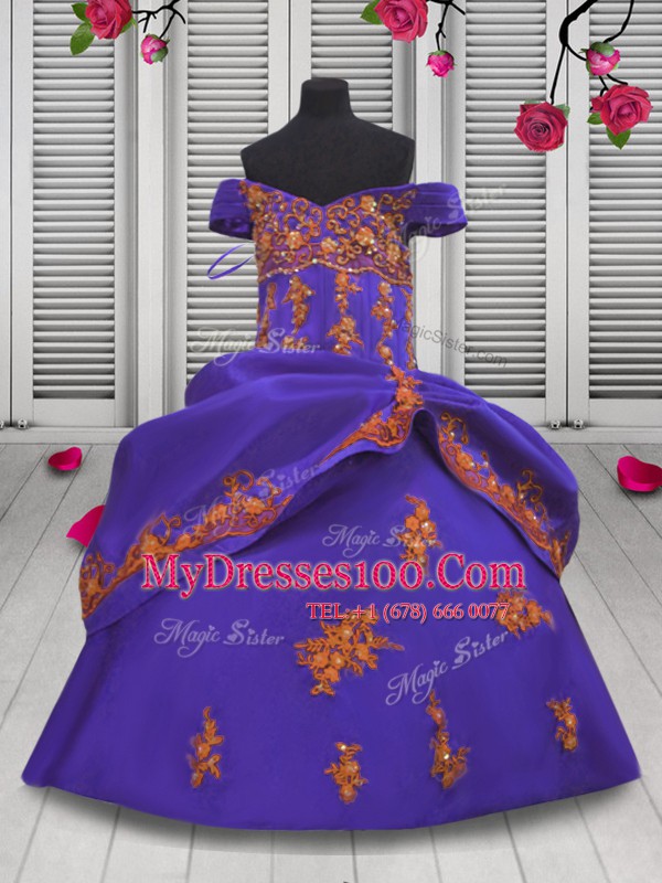 Suitable Purple Satin Lace Up Off The Shoulder Sleeveless Floor Length Flower Girl Dresses for Less Beading and Appliques