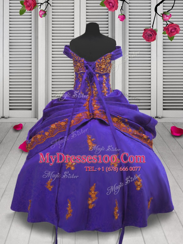 Suitable Purple Satin Lace Up Off The Shoulder Sleeveless Floor Length Flower Girl Dresses for Less Beading and Appliques