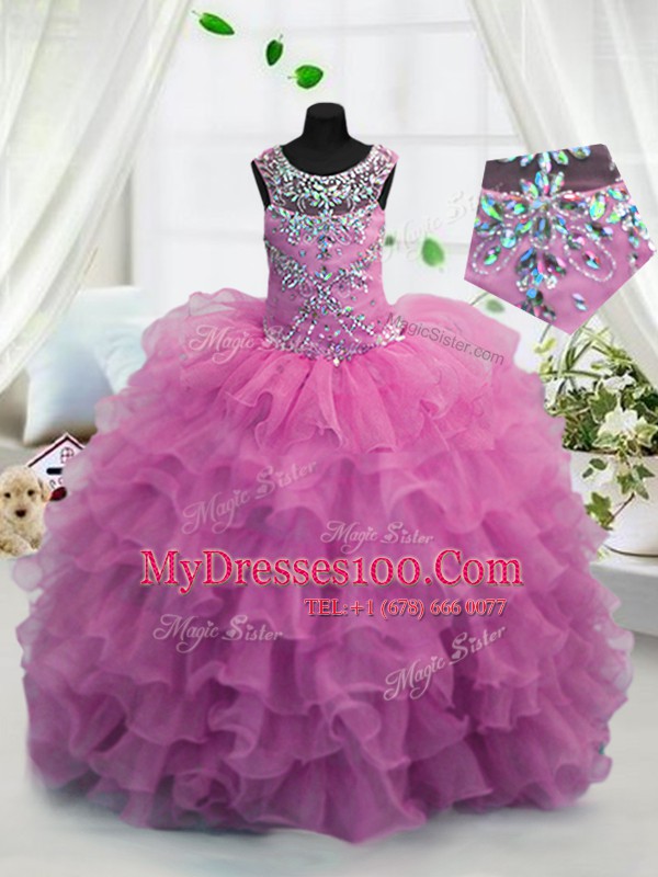 Custom Designed Scoop Organza Sleeveless Floor Length Little Girls Pageant Dress and Beading and Ruffled Layers