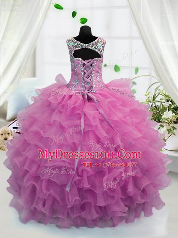 Custom Designed Scoop Organza Sleeveless Floor Length Little Girls Pageant Dress and Beading and Ruffled Layers