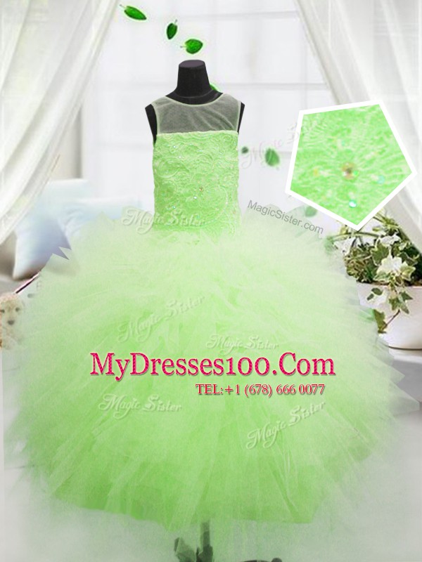 Fashion Tulle Scoop Sleeveless Zipper Beading and Appliques Little Girls Pageant Dress in Yellow Green