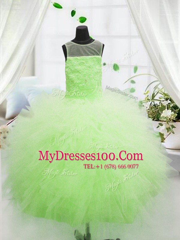 Fashion Tulle Scoop Sleeveless Zipper Beading and Appliques Little Girls Pageant Dress in Yellow Green
