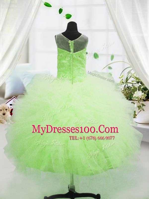 Fashion Tulle Scoop Sleeveless Zipper Beading and Appliques Little Girls Pageant Dress in Yellow Green