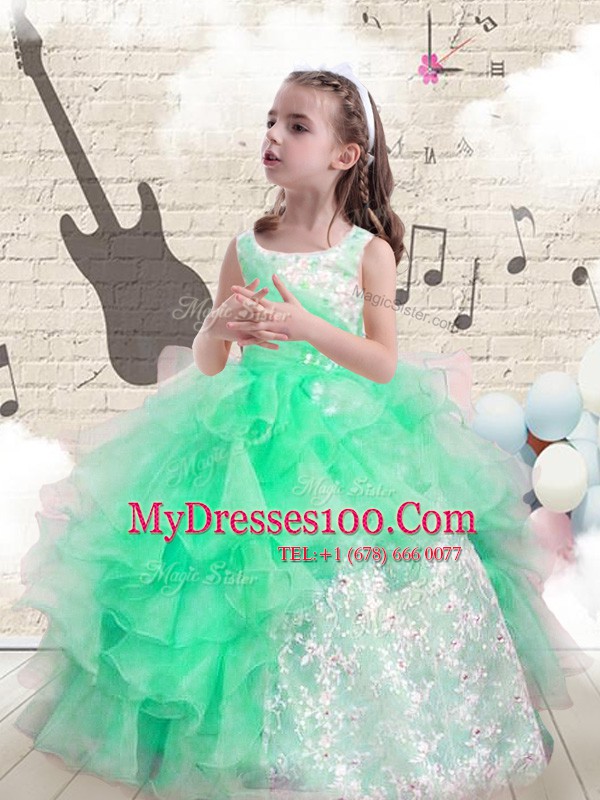 Scoop Sleeveless Lace Up Child Pageant Dress Apple Green Organza