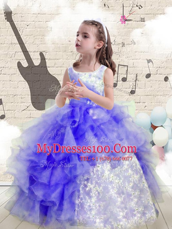 Wonderful Floor Length Blue Flower Girl Dresses for Less Scoop Sleeveless Lace Up