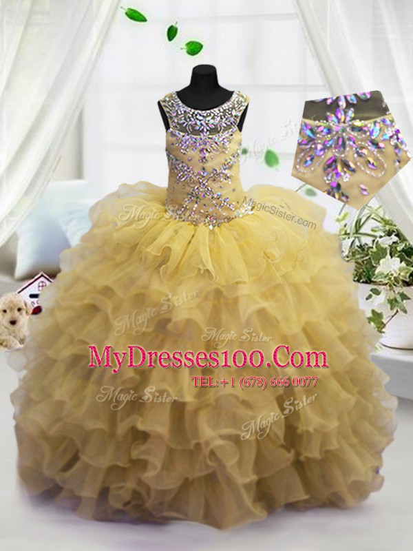 Scoop Sleeveless Floor Length Beading and Ruffled Layers Lace Up Toddler Flower Girl Dress with Light Yellow