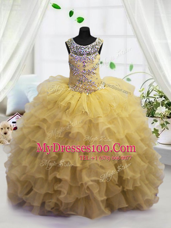 Scoop Sleeveless Floor Length Beading and Ruffled Layers Lace Up Toddler Flower Girl Dress with Light Yellow