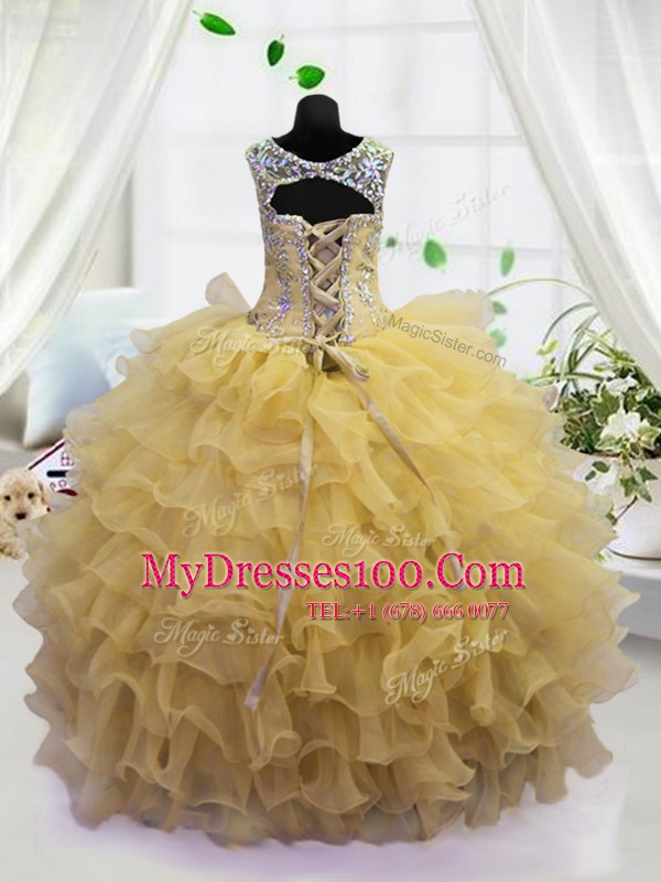 Scoop Sleeveless Floor Length Beading and Ruffled Layers Lace Up Toddler Flower Girl Dress with Light Yellow