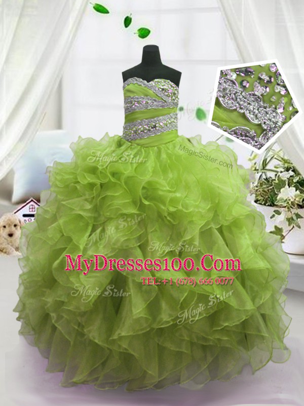 Olive Green Ball Gowns Sweetheart Sleeveless Organza Floor Length Lace Up Beading and Ruffles Kids Formal Wear