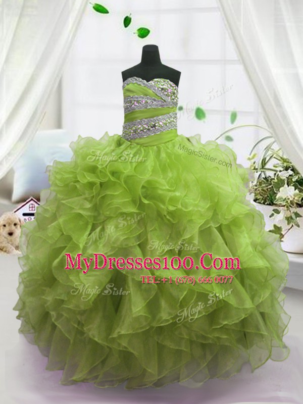 Olive Green Ball Gowns Sweetheart Sleeveless Organza Floor Length Lace Up Beading and Ruffles Kids Formal Wear