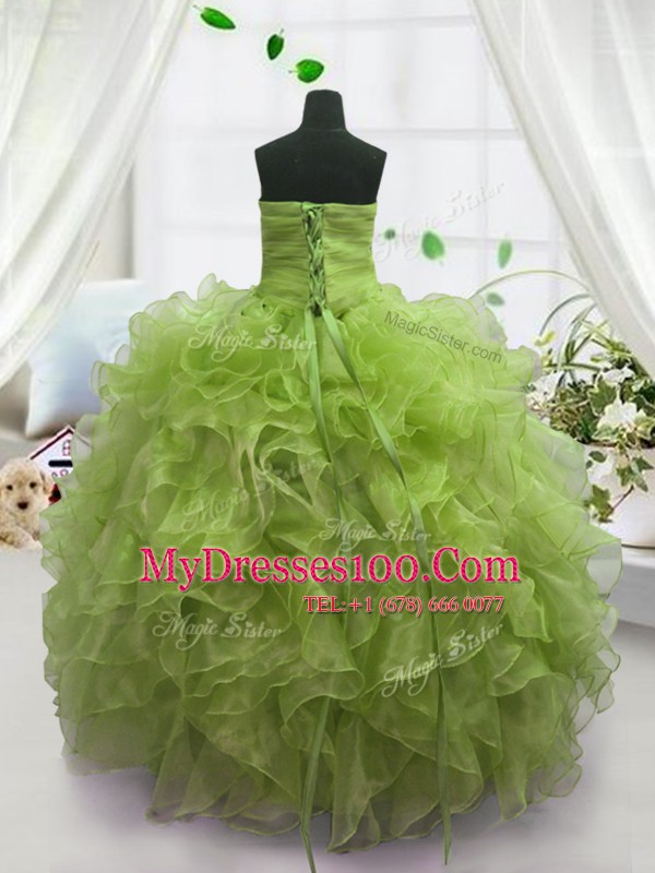 Olive Green Ball Gowns Sweetheart Sleeveless Organza Floor Length Lace Up Beading and Ruffles Kids Formal Wear