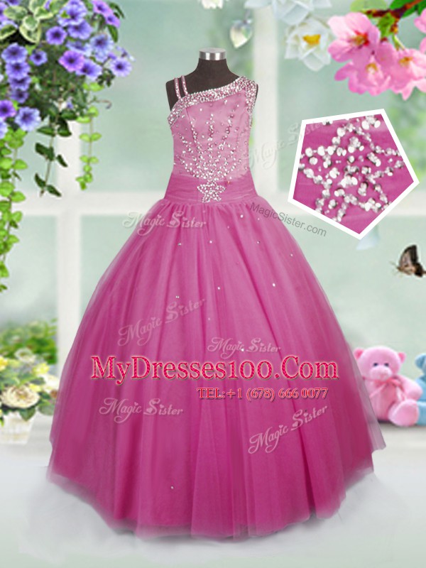 Fantastic Asymmetric Sleeveless Tulle Little Girls Pageant Gowns Beading Side Zipper