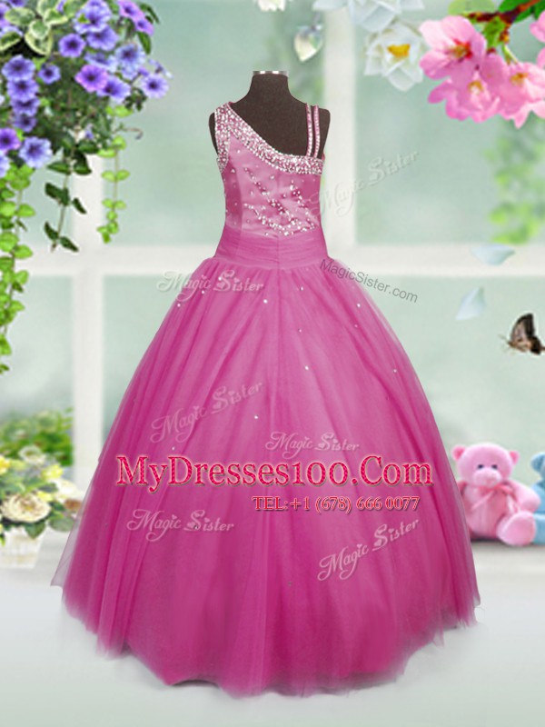 Fantastic Asymmetric Sleeveless Tulle Little Girls Pageant Gowns Beading Side Zipper
