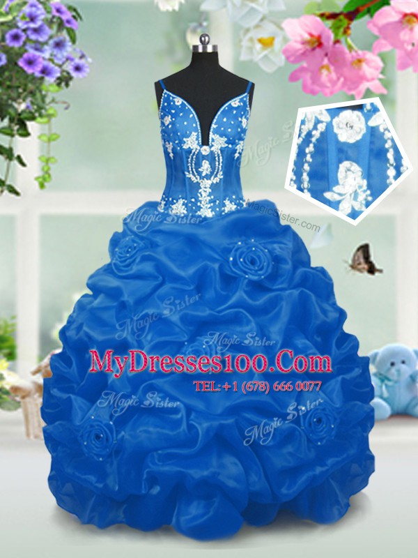 Aqua Blue V-neck Neckline Beading and Pick Ups Flower Girl Dresses Sleeveless Lace Up