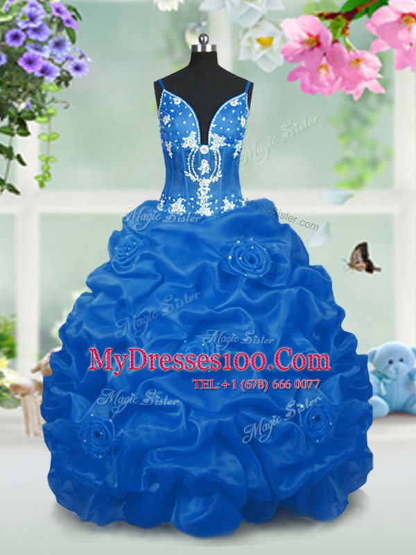 Aqua Blue V-neck Neckline Beading and Pick Ups Flower Girl Dresses Sleeveless Lace Up