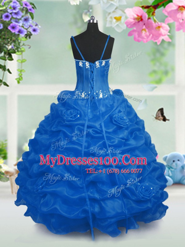 Aqua Blue V-neck Neckline Beading and Pick Ups Flower Girl Dresses Sleeveless Lace Up