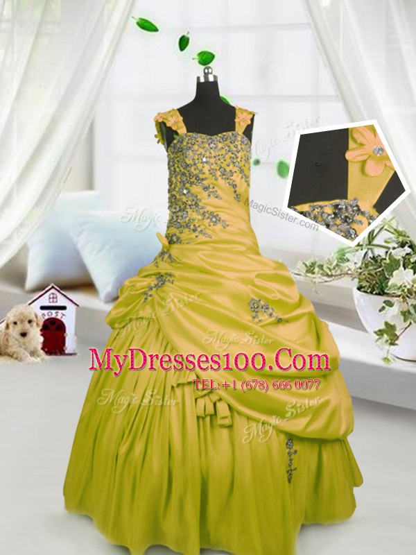 Super Pick Ups Floor Length Gold Little Girl Pageant Dress Straps Sleeveless Lace Up