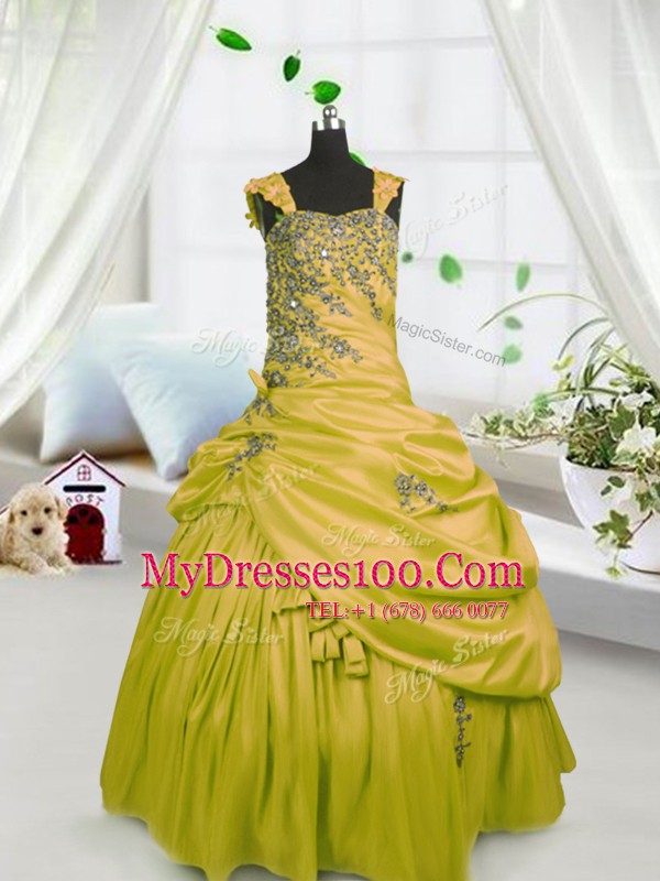 Super Pick Ups Floor Length Gold Little Girl Pageant Dress Straps Sleeveless Lace Up