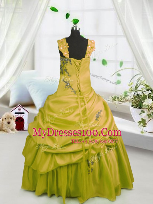 Super Pick Ups Floor Length Gold Little Girl Pageant Dress Straps Sleeveless Lace Up