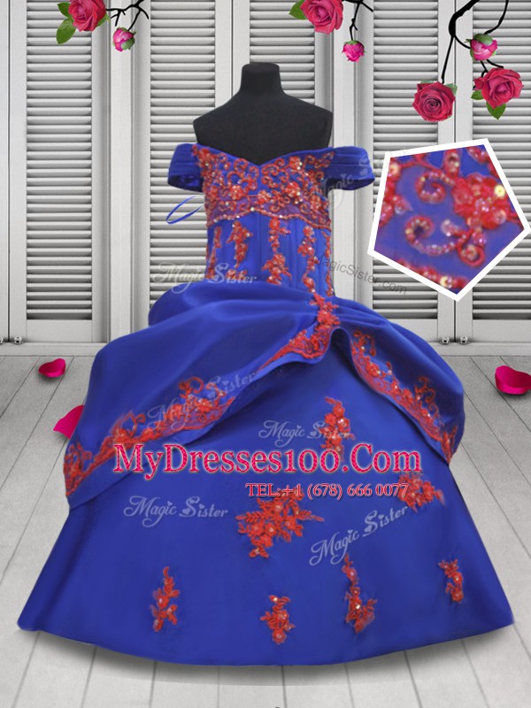 Satin Off The Shoulder Sleeveless Lace Up Beading and Appliques Little Girl Pageant Dress in Royal Blue