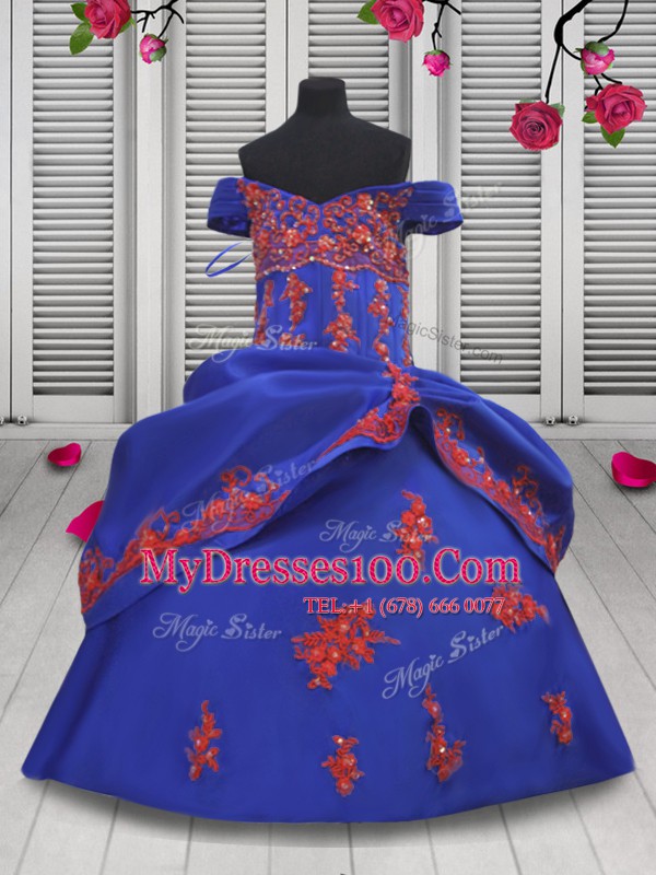 Satin Off The Shoulder Sleeveless Lace Up Beading and Appliques Little Girl Pageant Dress in Royal Blue