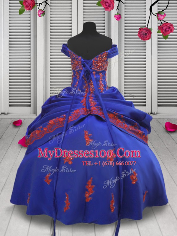 Satin Off The Shoulder Sleeveless Lace Up Beading and Appliques Little Girl Pageant Dress in Royal Blue