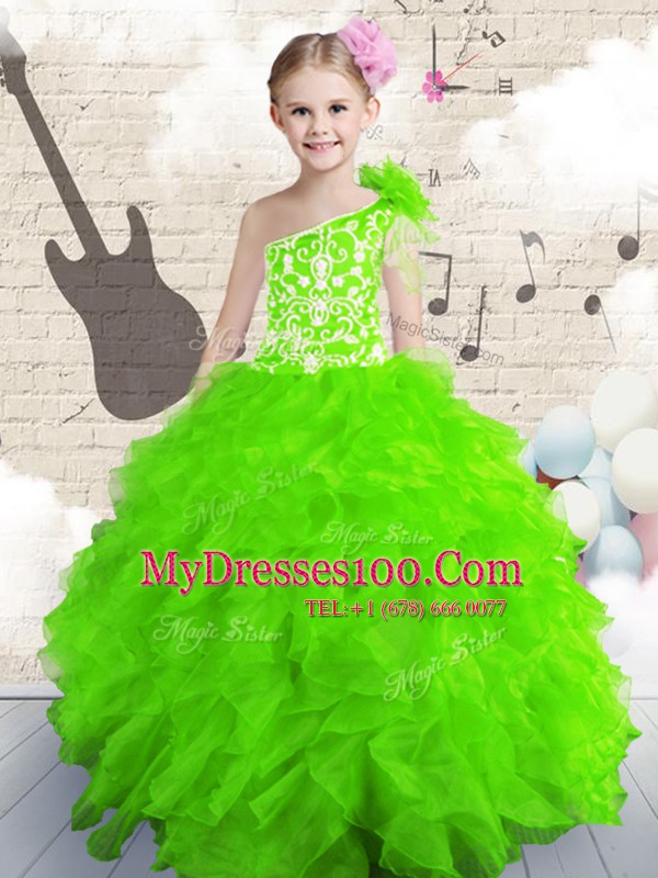 Best Organza One Shoulder Sleeveless Lace Up Beading and Ruffles Flower Girl Dress in