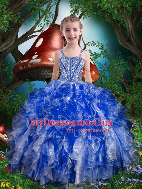 Royal Blue Lace Up Spaghetti Straps Beading and Ruffles Kids Pageant Dress Organza Sleeveless