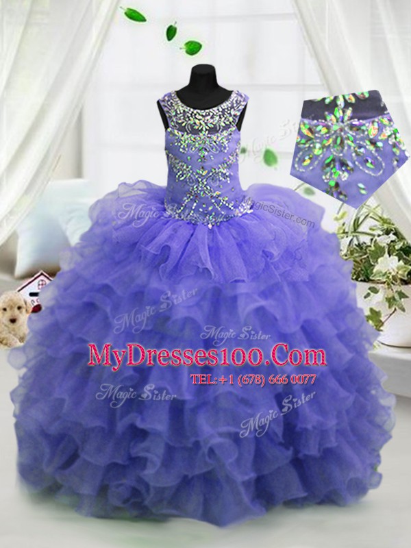 Lavender Organza Lace Up Scoop Sleeveless Floor Length Flower Girl Dresses for Less Beading and Ruffled Layers