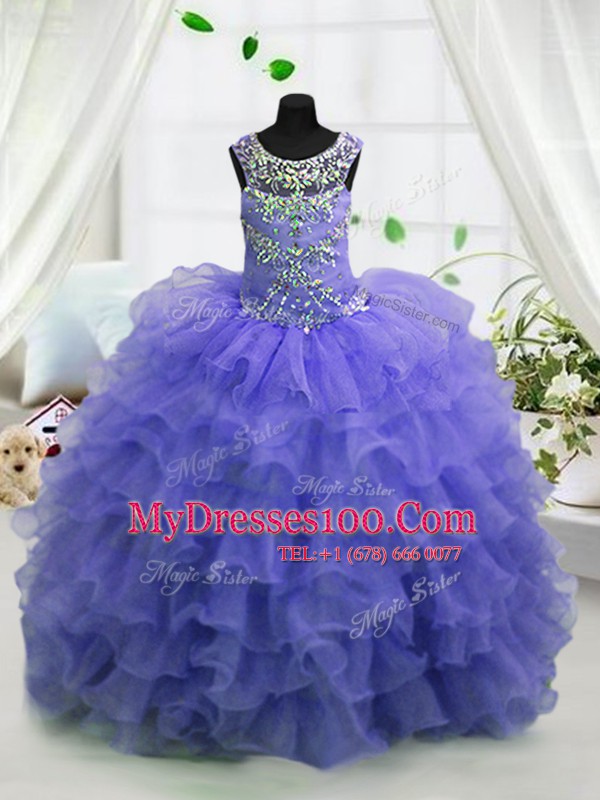 Lavender Organza Lace Up Scoop Sleeveless Floor Length Flower Girl Dresses for Less Beading and Ruffled Layers